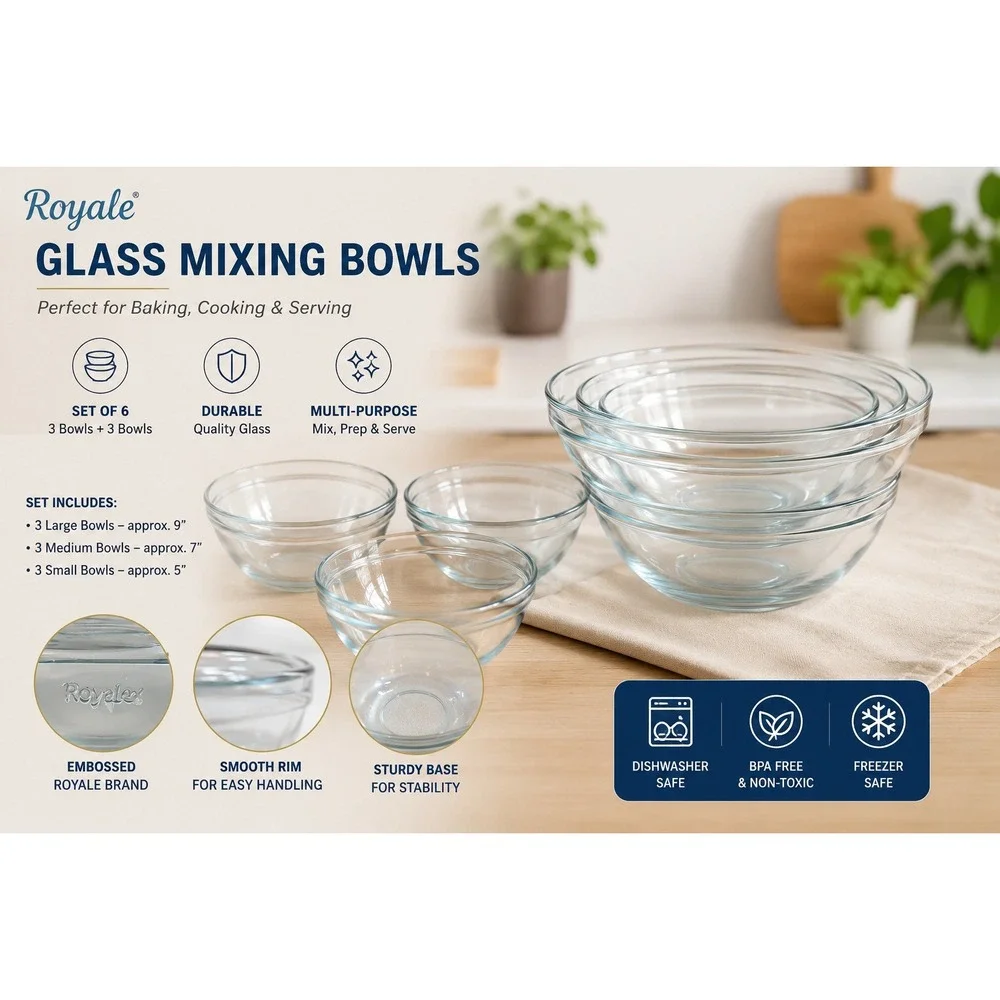 Royalex‎ Clear Glass Nesting Mixing Serving Bowls Set of 3 Round Kitchenware